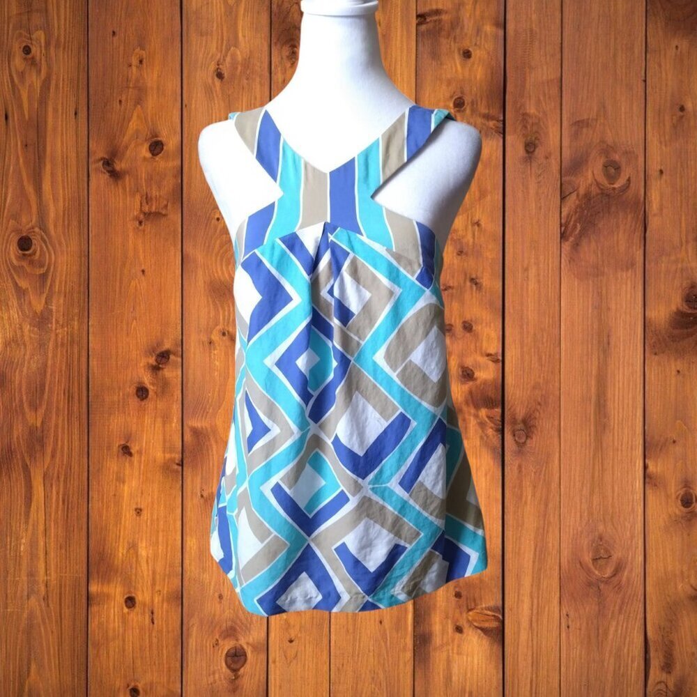 Trina Turk Size 4 Geometric Print Wide Strap Silk Blend Top Sleeveless Coastal